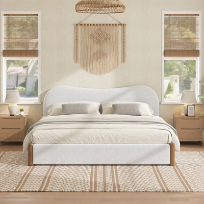 Queen Size Upholstered Platform Bed with Wood Supporting Feet, White image 1