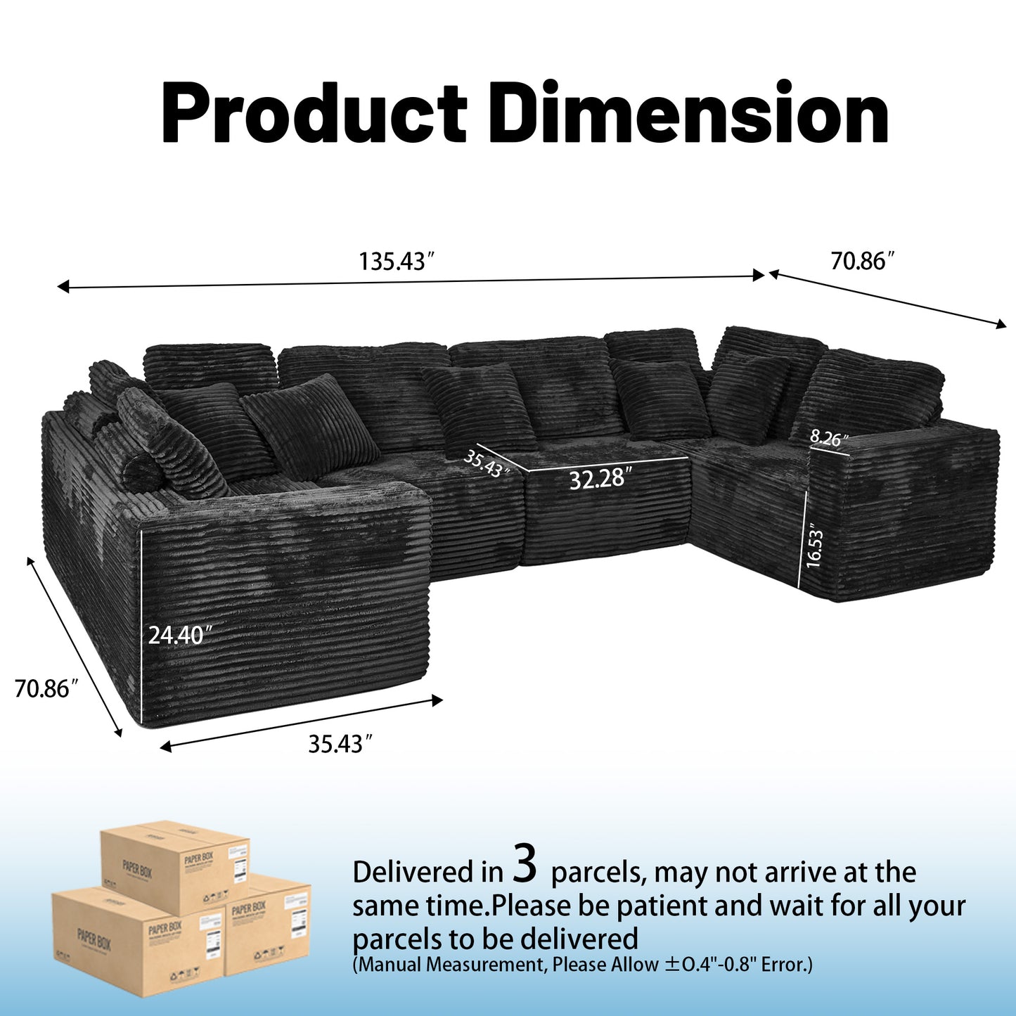 135.5-inch Modular U-Shaped Sectional Sofa, 6-Seater Chaise Lounge with Reversible Design, Striped Corduroy Fabric in Black–Customizable Living Room, Freely Configurable Layout.(Old Sku:W3276S00018) image 11