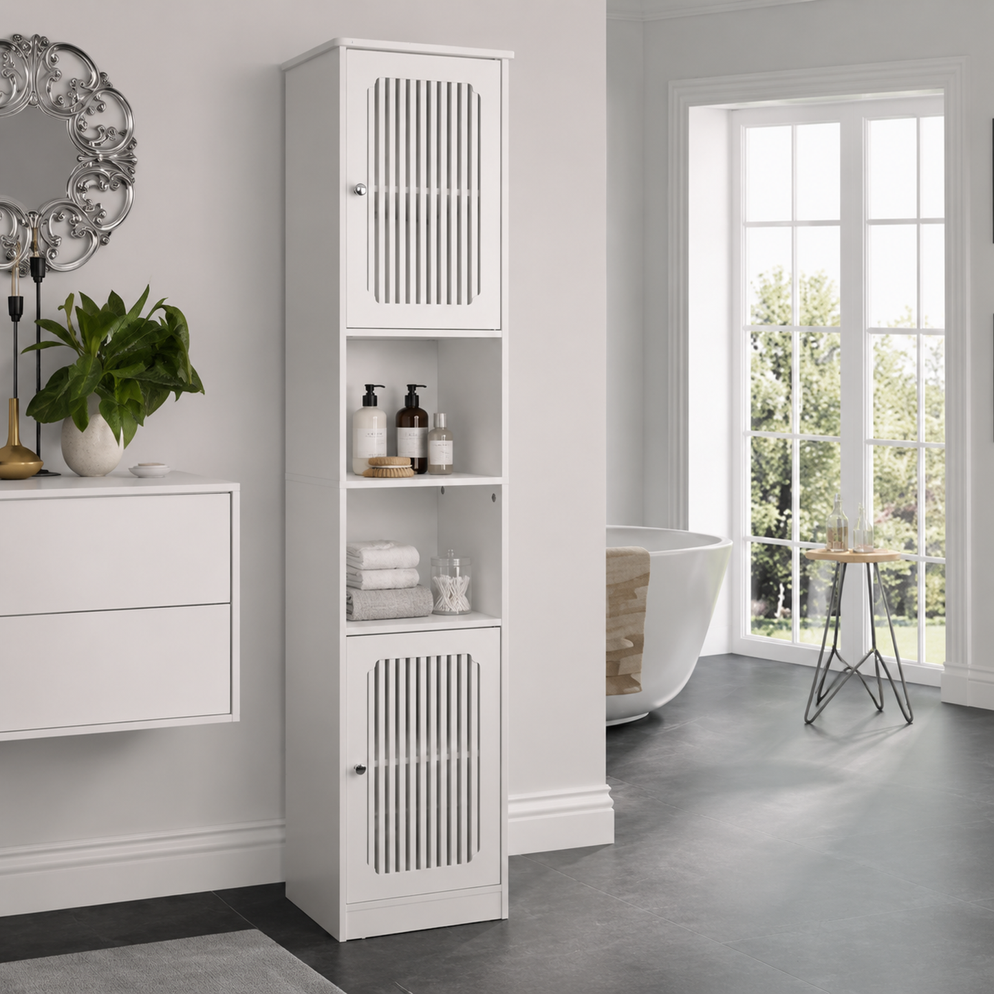 64-Inch Bathroom tall cabinet with adjustable drawer shelves, louvered door floor-standing storage unit, multi-tiered vertical narrow storage cabinet for bathroom, white. image 1