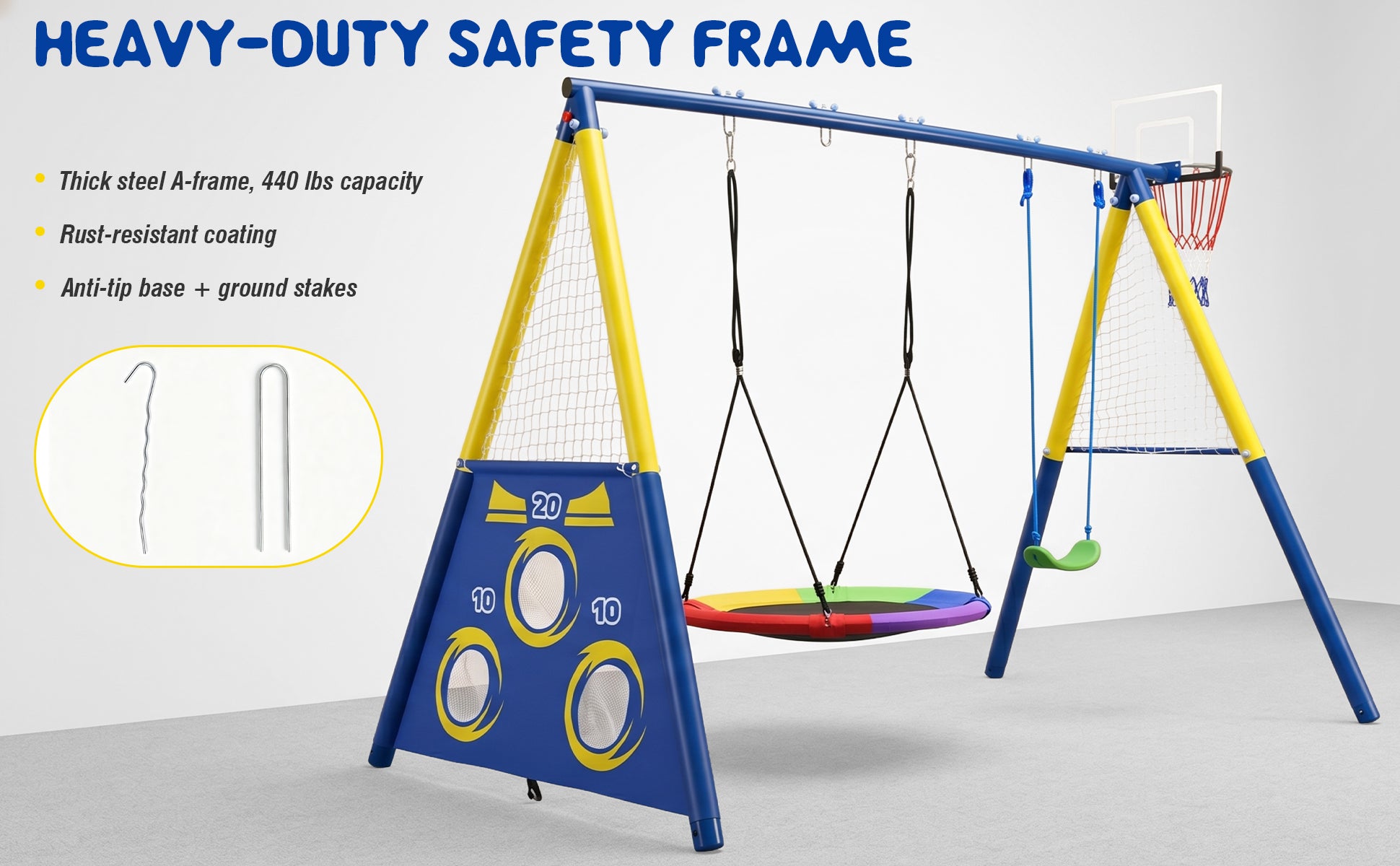 5-in-1 Kids Swing Set with Saucer Swing, Belt Swing, Basketball Hoop & Soccer Goal, Heavy Duty Metal Frame Backyard Playground for Toddlers & Kids Ages 3-10 image 7