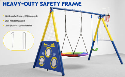 5-in-1 Kids Swing Set with Saucer Swing, Belt Swing, Basketball Hoop & Soccer Goal, Heavy Duty Metal Frame Backyard Playground for Toddlers & Kids Ages 3-10 image 7