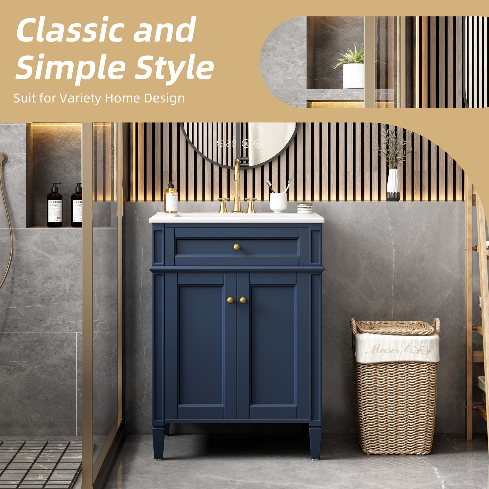 24" Bathroom Vanity with 2 Doors and Tip-Out Drawer, Bathroom Storage Cabinet with Sink, Soft-Closing Doors with Organizers image 7