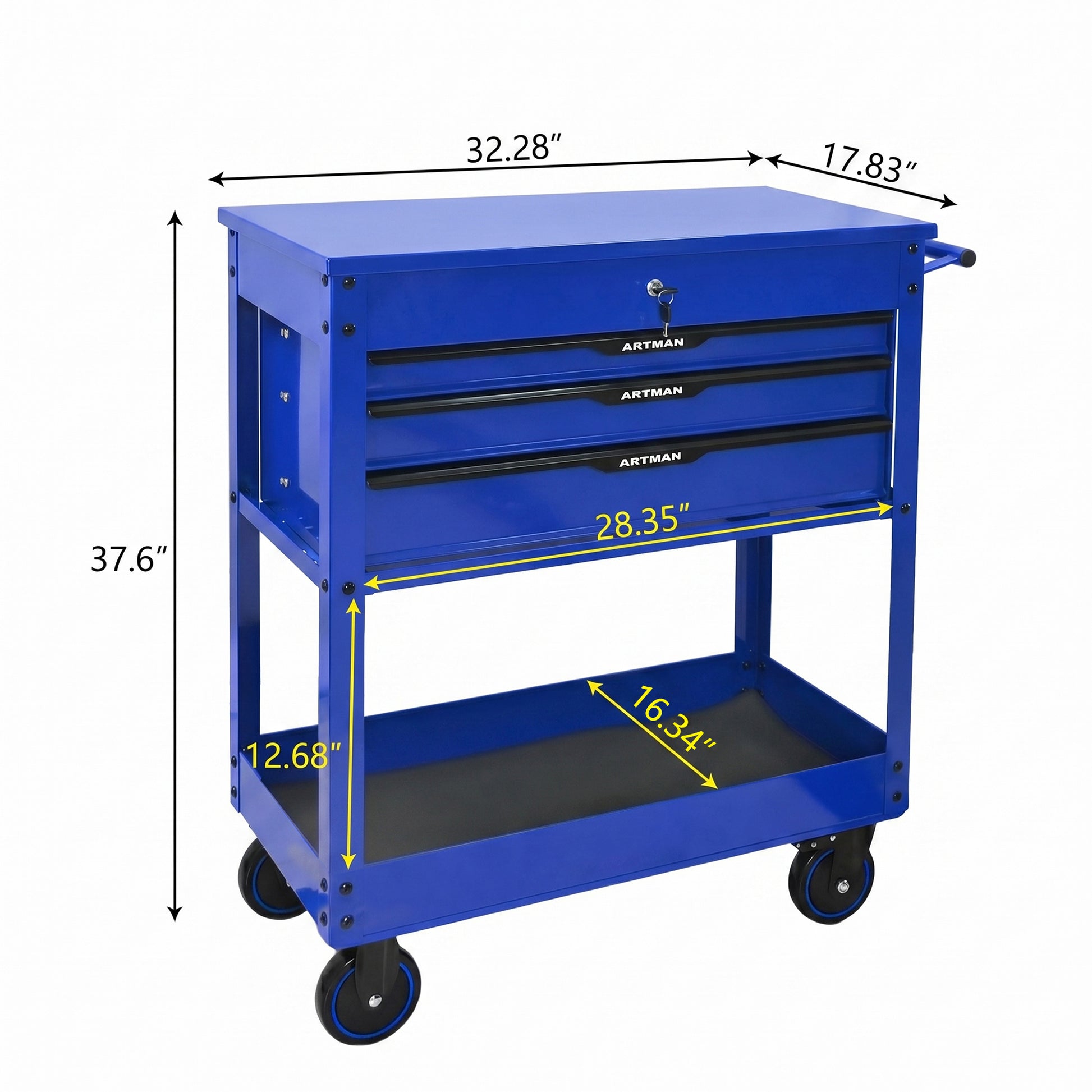 3 DRAWERS MULTIFUNCTIONAL TOOL CART WITH WHEELS AND STEEL TOP-Blue&Black image 5