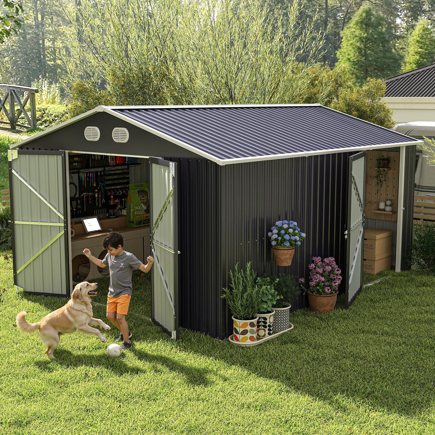 10x12 FT Outdoor Metal Storage Shed, Large Storage Sheds with Sturdy Frame Structure, Metal Garden Tool Shed with Lockable Door for Garden,Gift a foldable flower pot stand, Backyard, Drak gray image 9