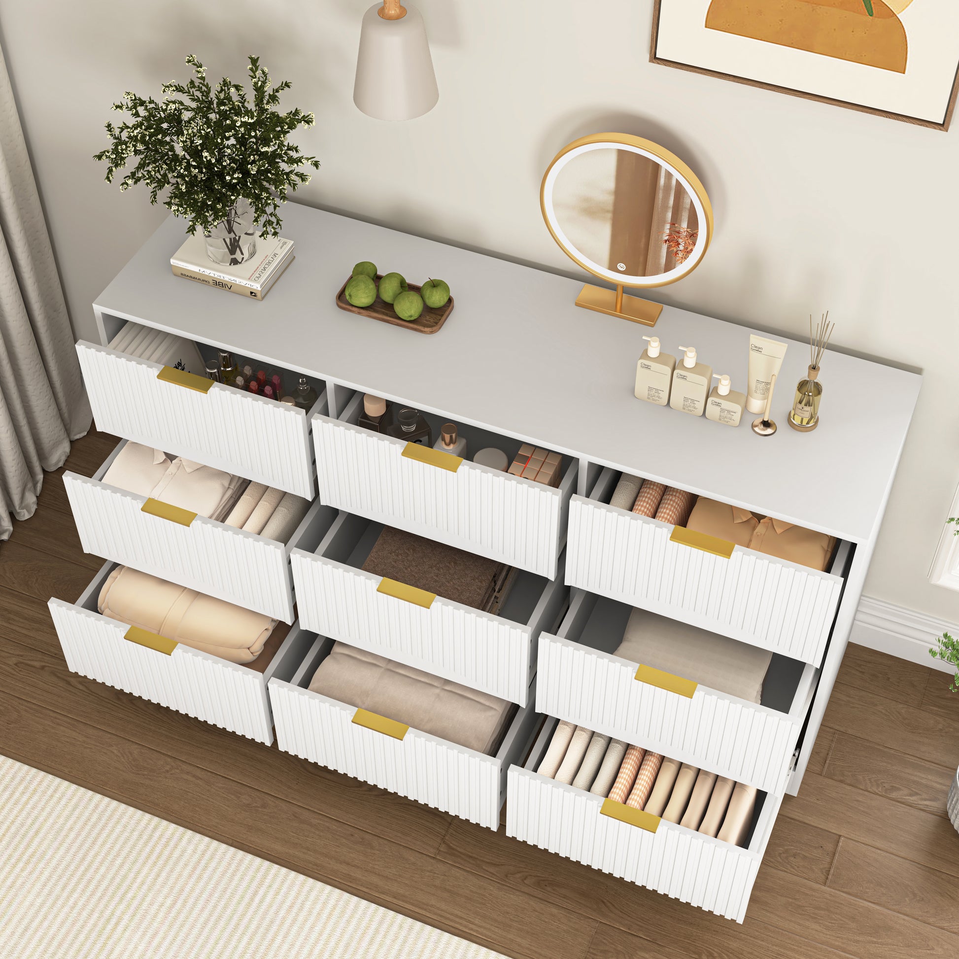 White 9 Drawer Dresser, 63" Large Deep Chest of Drawers, Wooden Dresser Storage Cabinet with 9 Drawers for Bedroom, Long Dressers for Living Room, Hallway, Drawer panel with wavy patterns image 8