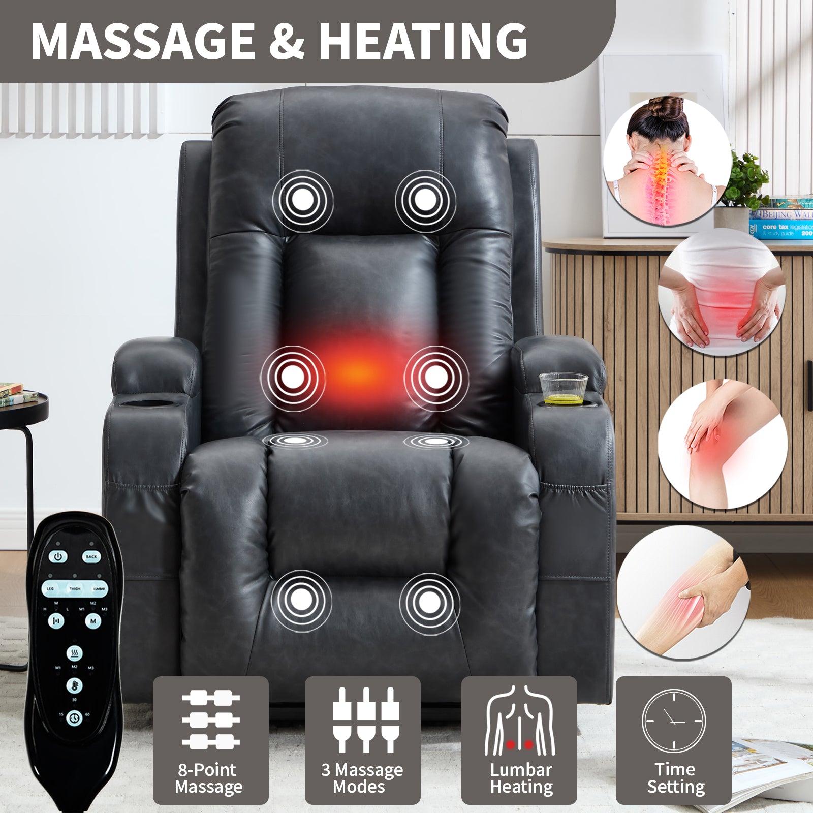 Dark Grey PU lInfinite Position Up to 350 LBS Power Lift Recliner Chair for Elderly, Heavy Duty Motion Mechanism with 8-Point Vibration Massage and Lumbar Heating, USB Charging Port, Cup Holders image 7