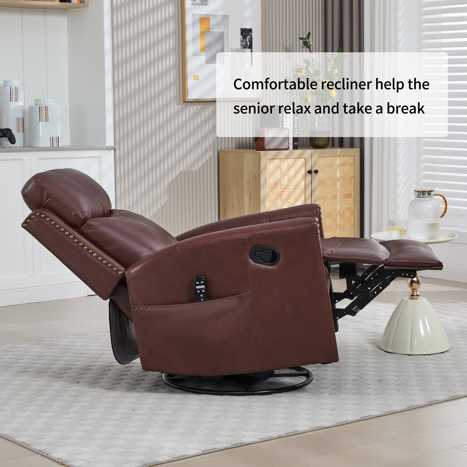 Wine Red Genuine Leather Heat Massage Manual Recliner Chair with Rocker and Swivel for Living Room image 11