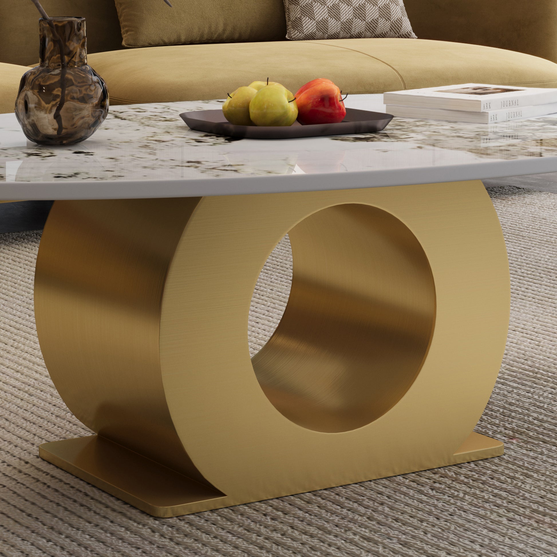 Modern 49.2" Oval Sintered Stone Coffee Table with Stainless Steel Base, Center Table for Living Room image 9