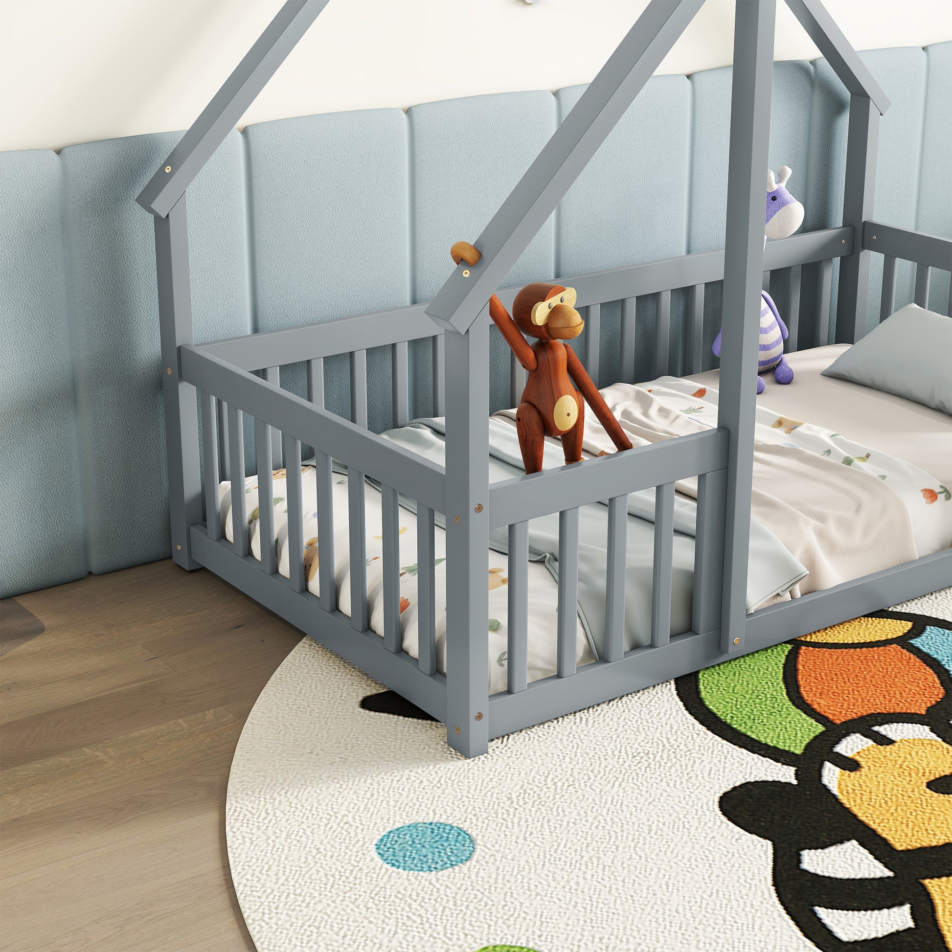 Twin Wood House-Shaped Floor Bed with Fence, Guardrails,Grey image 10