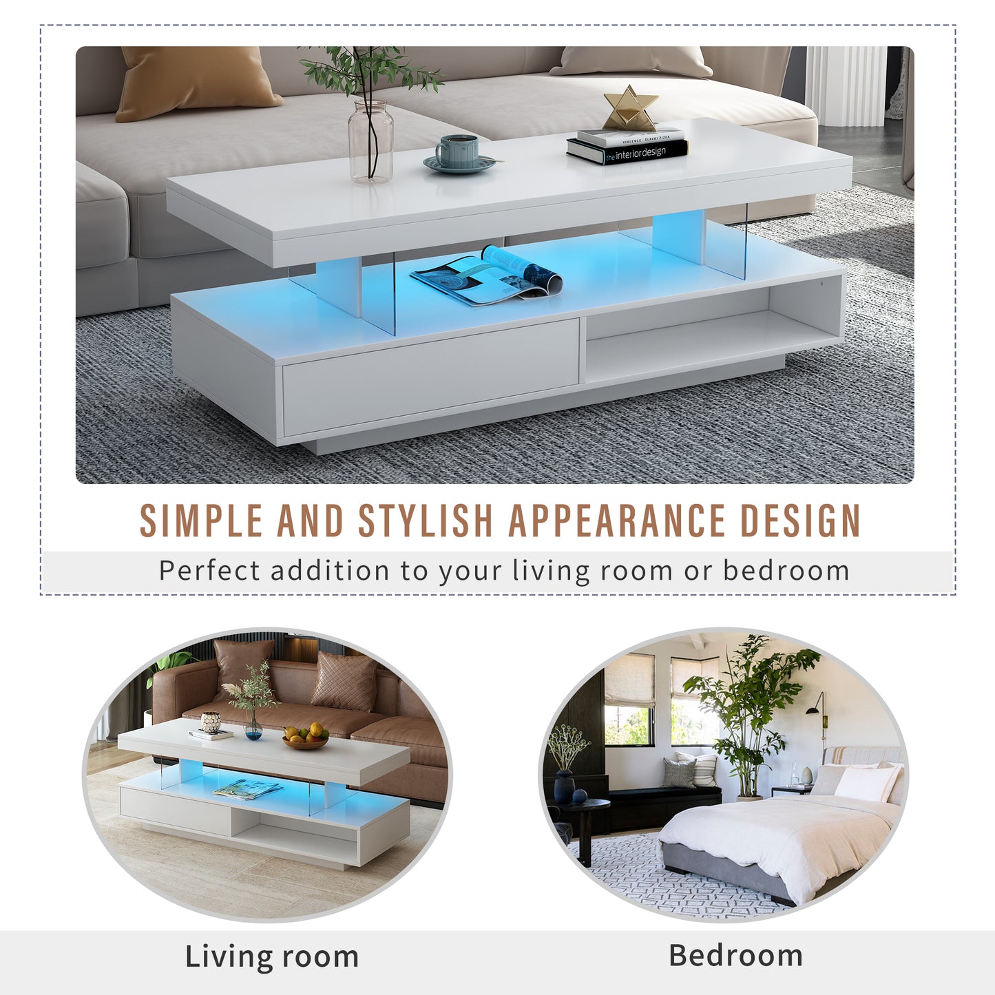 VIBE HAUS LED Coffee Table with Storage, Modern Center Table with 2 Drawers and Display Shelves, Accent Furniture with LED Lights for Living Room,White image 6