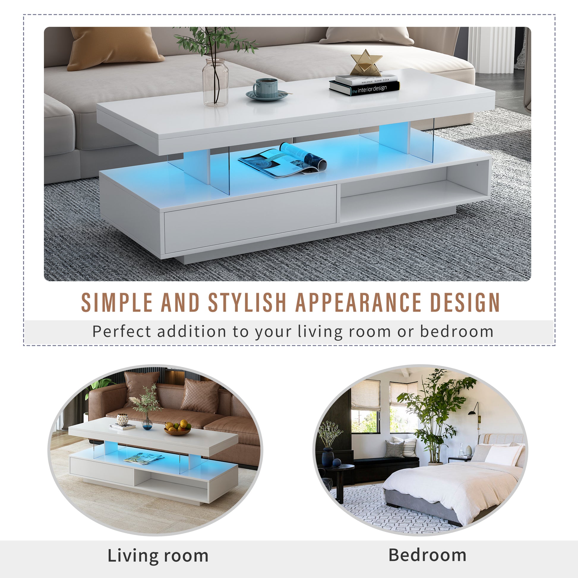 VIBE HAUS LED Coffee Table with Storage, Modern Center Table with 2 Drawers and Display Shelves, Accent Furniture with LED Lights for Living Room,White image 6