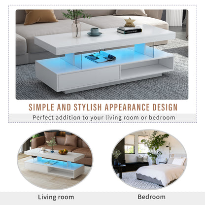 VIBE HAUS LED Coffee Table with Storage, Modern Center Table with 2 Drawers and Display Shelves, Accent Furniture with LED Lights for Living Room,White image 6