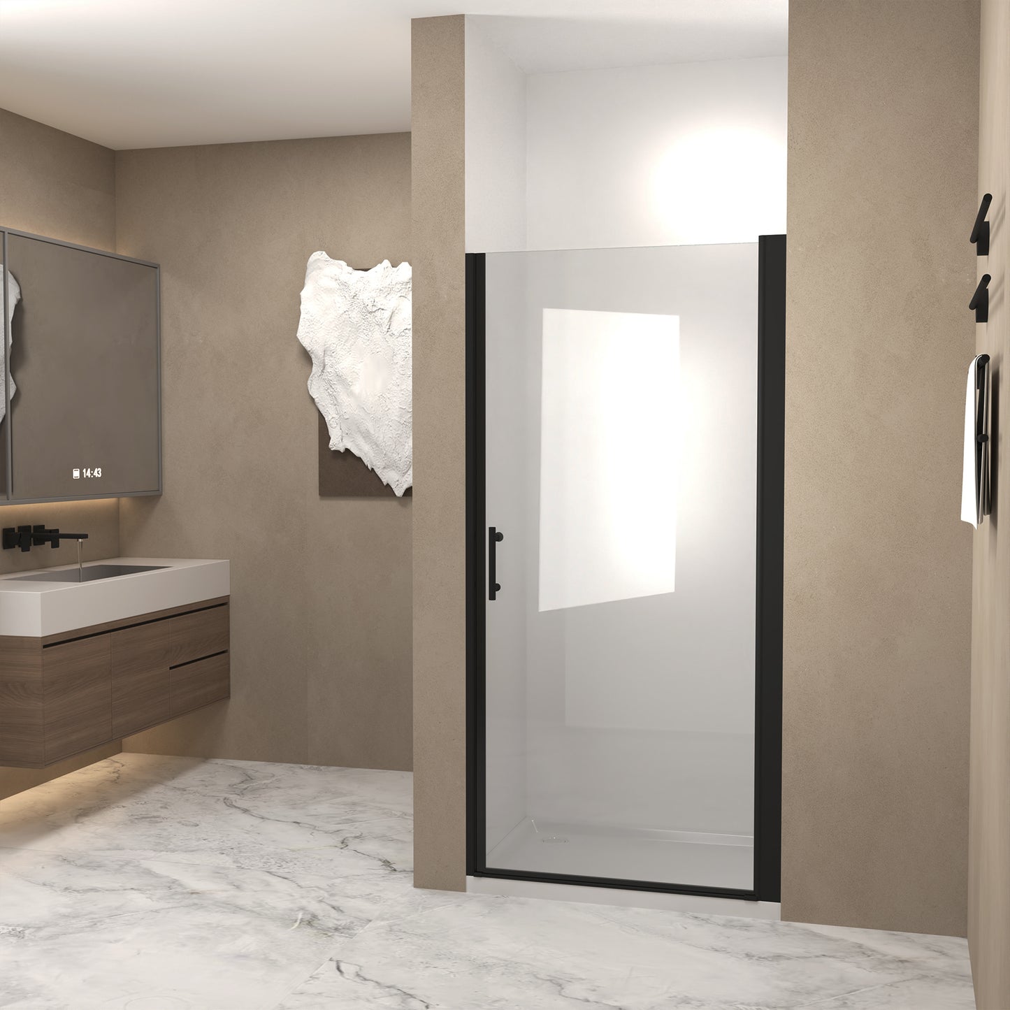 28"x 72" Pivot Shower Door, Matte Black Aluminum Frame, Half Frame,1/4"(6mm) Tempered Glass Explosion Proof Film,Stainless Steel Handle image 2