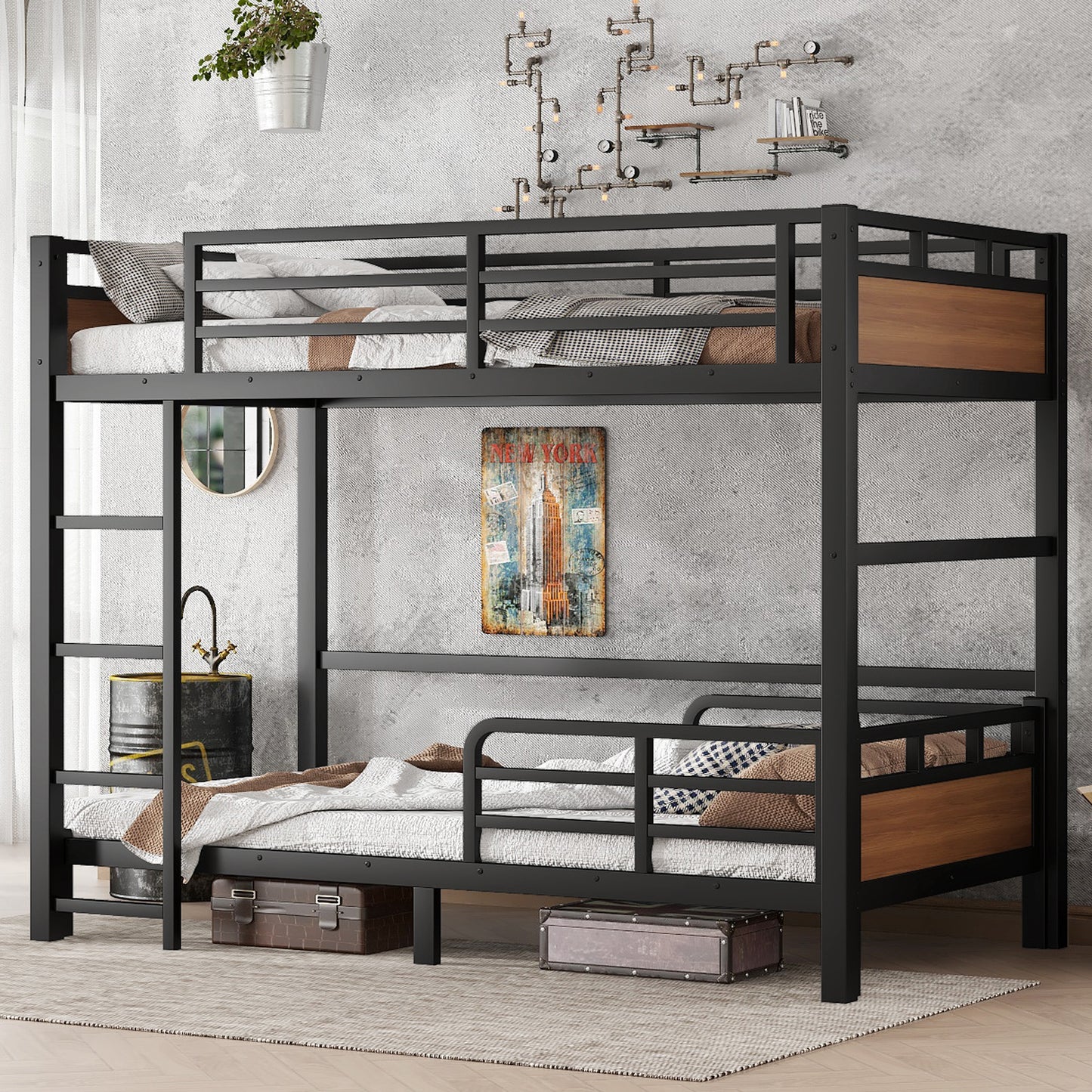 Twin XL over Twin XL Metal Bunk Bed/Metal Loft Bed,Separable Bunk Beds,with raised security fence,Walnut Color image 2