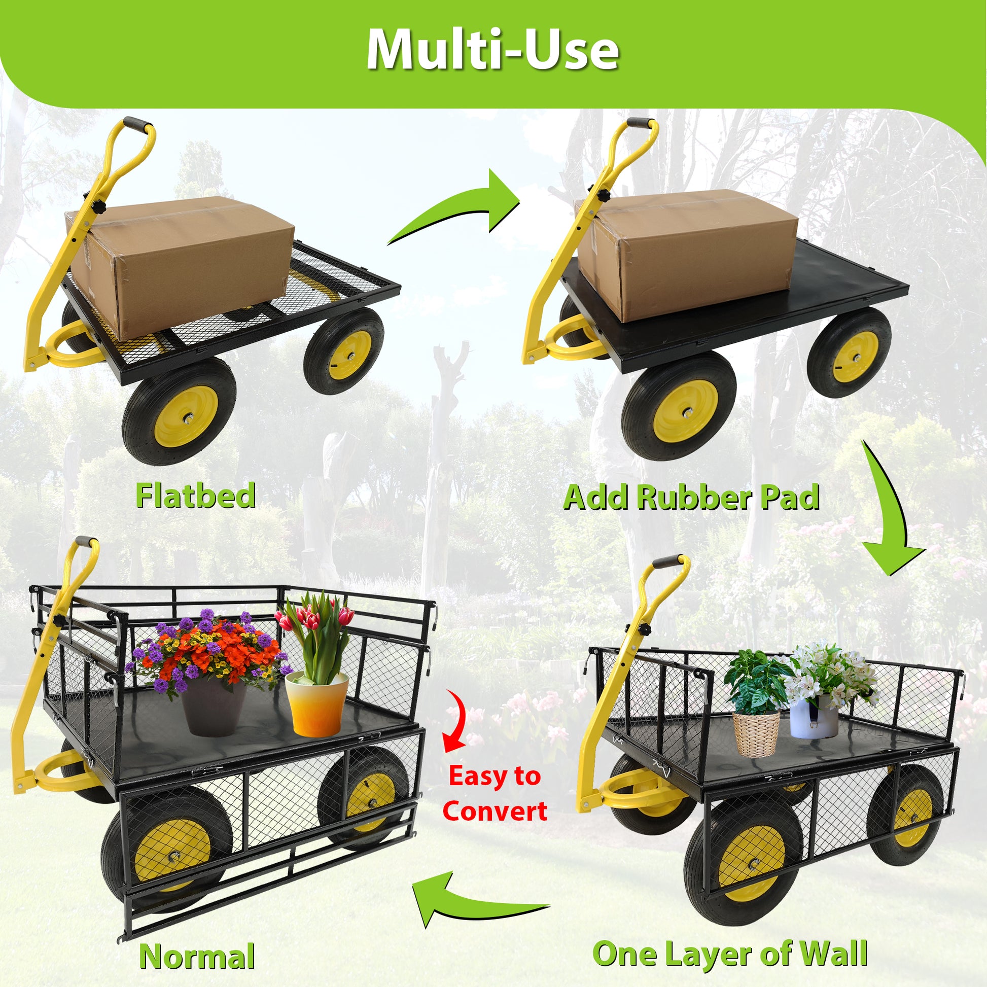 Steel Garden Cart, Heavy Duty 1400 lbs Capacity, with Removable Mesh Sides to Convert into Flatbed, Utility Metal Wagon with 2-in-1 Handle and 16 in Tires, Perfect for Garden, Farm, Yard image 7