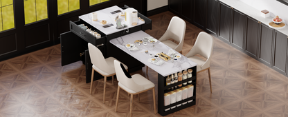 K&K 82.7 inch Kitchen Island with Extendable Dining Table for 4-6 Person,Faux Mable Kitchen Table with Double-sized Storage,Power Outlet,Kitchen island with Storage 2 Drawers 2 Side Open Shelves,Black image 6