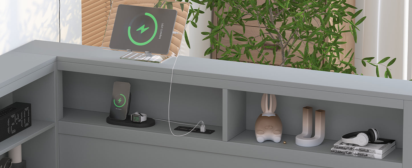 Wooden Full Size DayBed with Twin Size Trundle, DayBed with Storage Shelf and USB Charging Ports,Grey(Old SKU: HL000075AAE) image 3