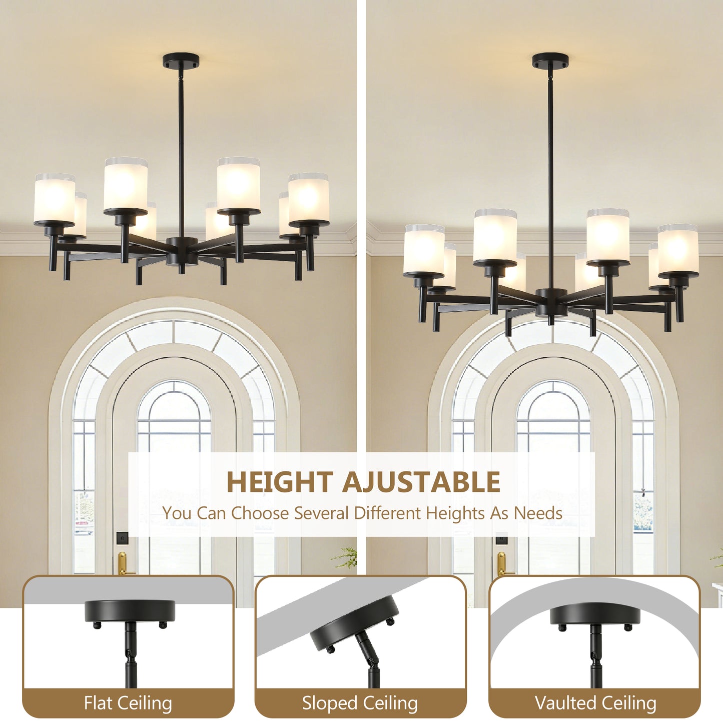 8-Light Frosted Glass Farmhouse Chandelier, Black Metal Chandeliers Light Fixtures Industrial for High Ceiling Living Dining Room Foyer. Adjustable Height--E26 (NO Included Bulb) image 12