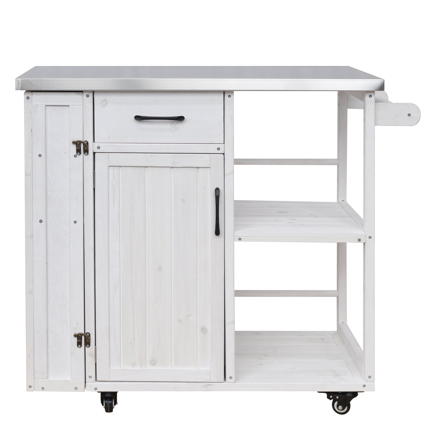 Outdoor Kitchen Island Fir Wood Prep Station Lockable Kitchen Cart with Stainless Top, Ample Storage Space, Towel and Spice Racks for Patio and Outdoor, White image 12