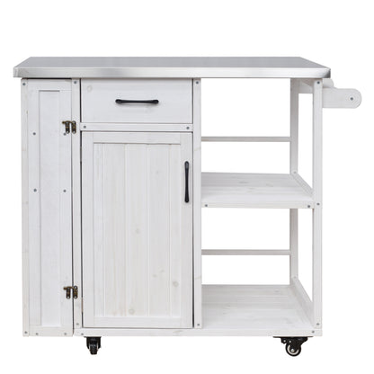 Outdoor Kitchen Island Fir Wood Prep Station Lockable Kitchen Cart with Stainless Top, Ample Storage Space, Towel and Spice Racks for Patio and Outdoor, White image 12