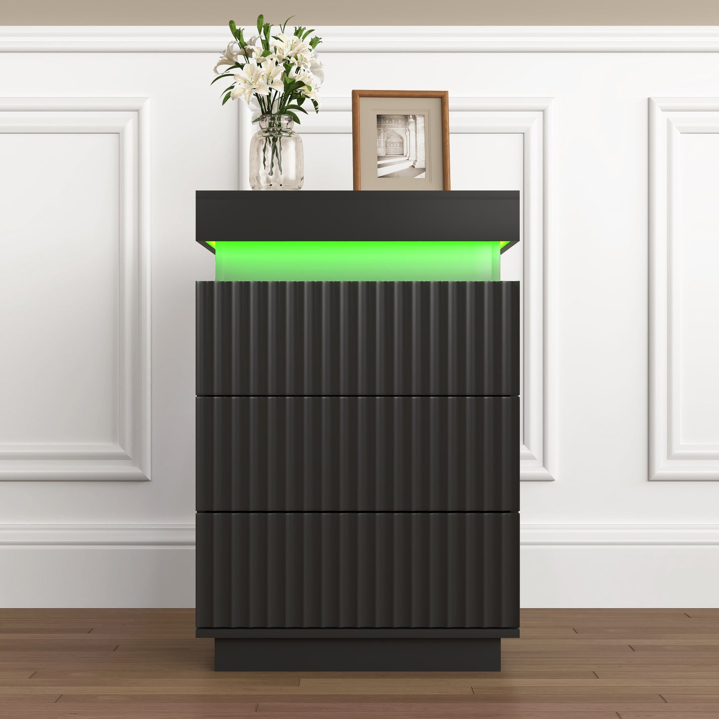 (Set of 2) Black Nightstand Set of 2 with Charging Station & LED Lights, Fluted Wave Panel Bedside Table with Sliding Top Hidden Storage, Night Stand for Bedroom Living Room image 12