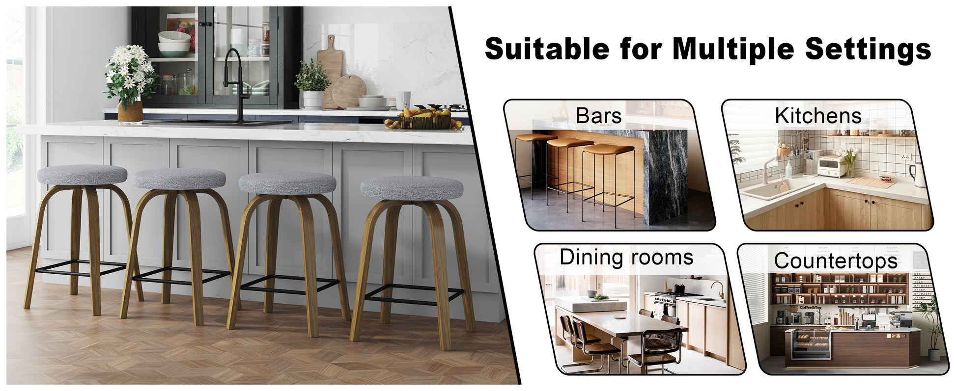 Swivel Bar Stools Set of 2, Counter Height Backless 26″ Bar Stool, Fabric Upholstered Seat, Sturdy Wood Legs and Metal Footrest, Mid-Century Modern Island Stools for Home Bars, Restaurants, Gray image 3