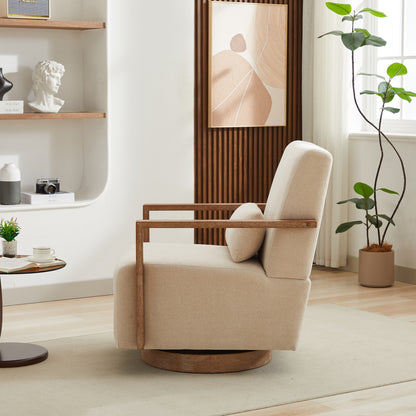 29.72"W Swivel Modern Upholstered Accent Chair with Solid Wood Armrests and 360 Degree Comfy Lounge Reading Chair, Side Armchair for Hotel, Bedroom, Living Room, Office, and Nursery Room. Beige image 4