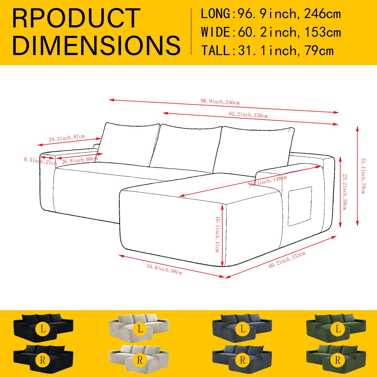 New2 96.9"Cloud Sectional Couch with L-Shape Chaise,Modern Modular Sofa with Deep Seat,Upholstered Couches for Living Room Bedroom,No Assembly Required,(Corduroy Fabric),Camel,left image 11