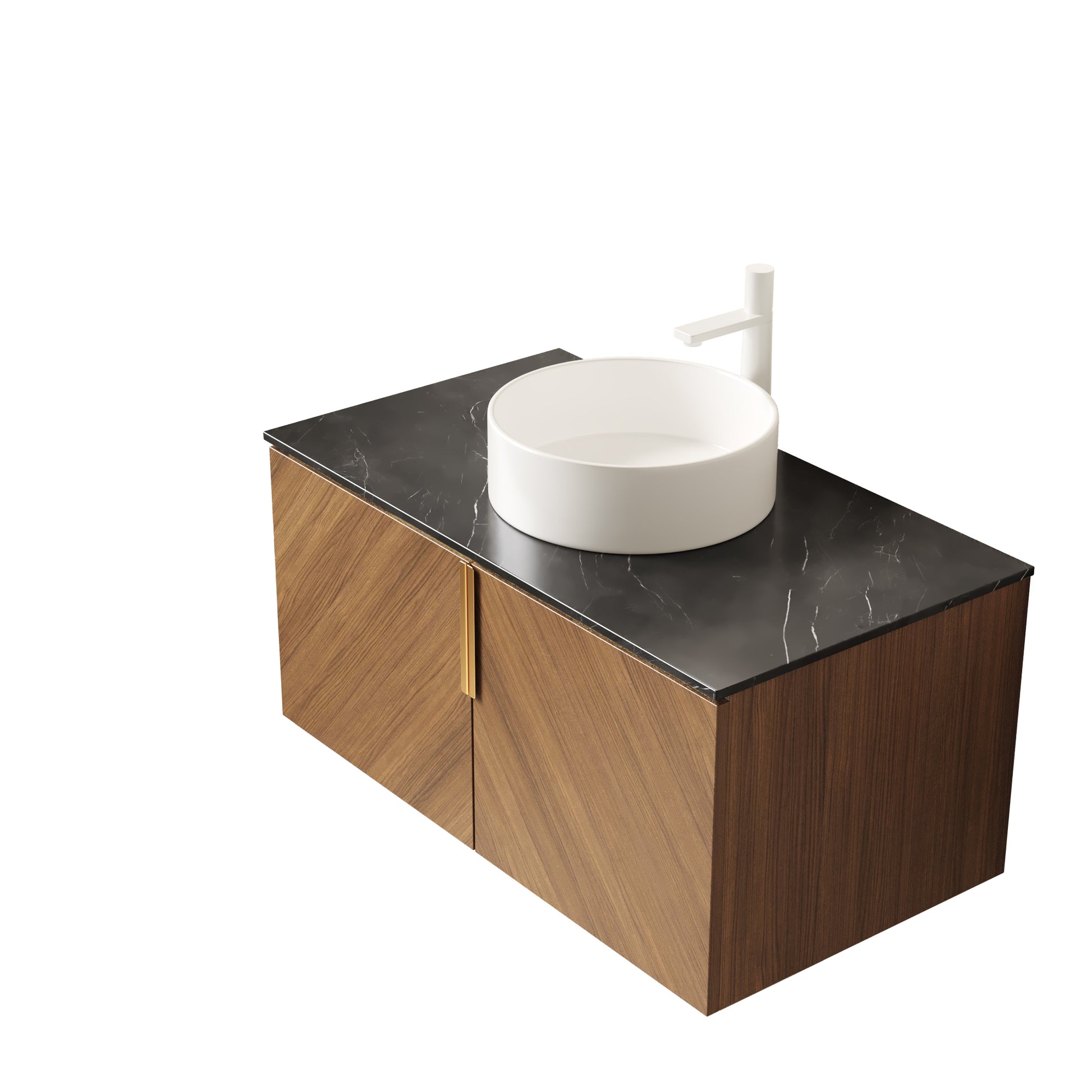 ARAI 36" Bathroom Vanity with Sink, Wall-Mounted Plywood Bathroom Storage Cabinet with Double Doors, Black Sintered Stone Countertop and White Round Ceramic Vessel Basin, Brown Oak Woodgrain Color image 4