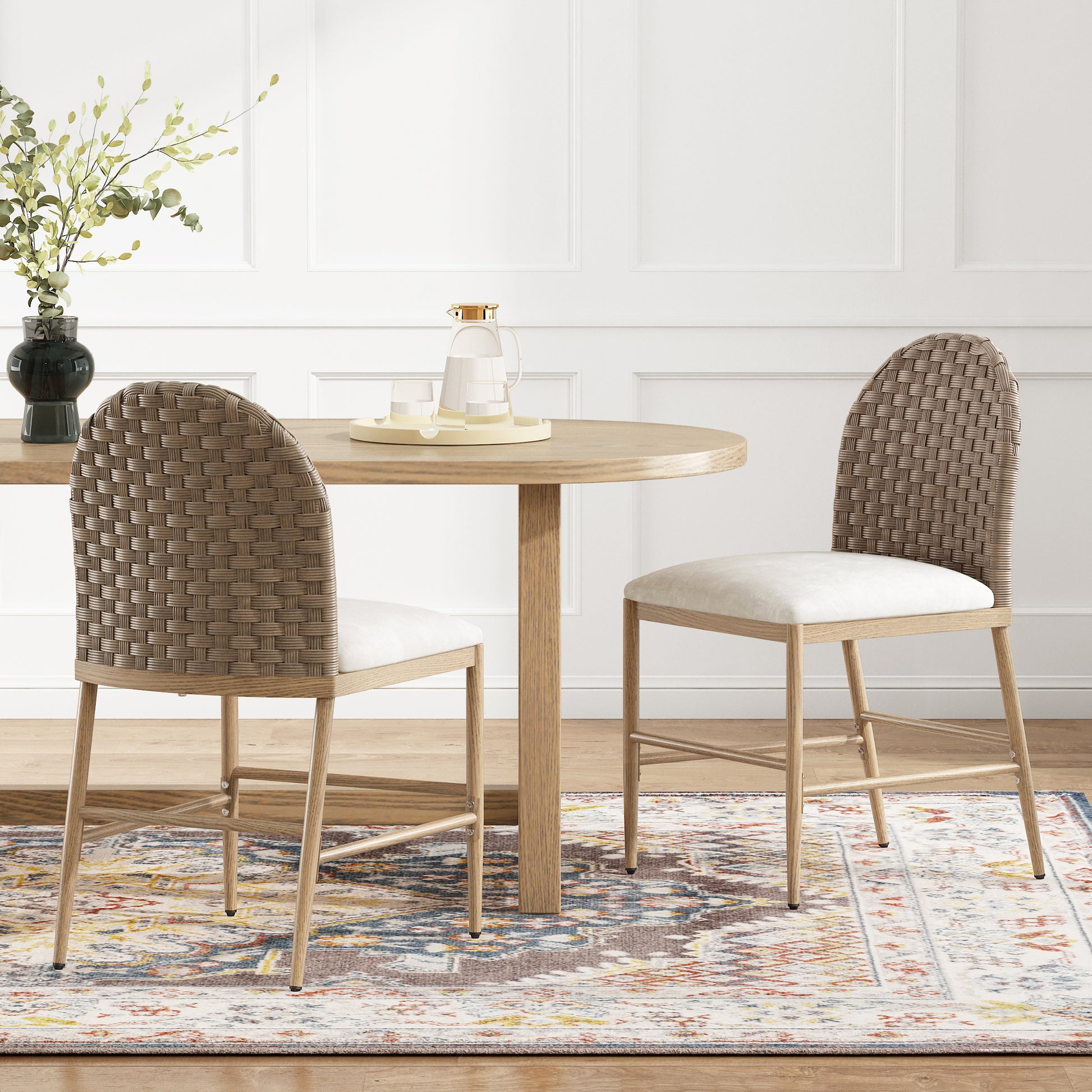 Farmhouse Dining Chairs Set of 2, Upholstered Kitchen Chairs Armless Iron Side Chair with rattan Backrest for Dining Room,Restaurant,Brown image 1