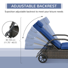 Outsunny Wicker Outdoor Chaise Lounge, 5-Level Adjustable Backrest PE Rattan Pool Lounge Chair with Wheels, Cushion & Headrest, Brown and Dark Blue