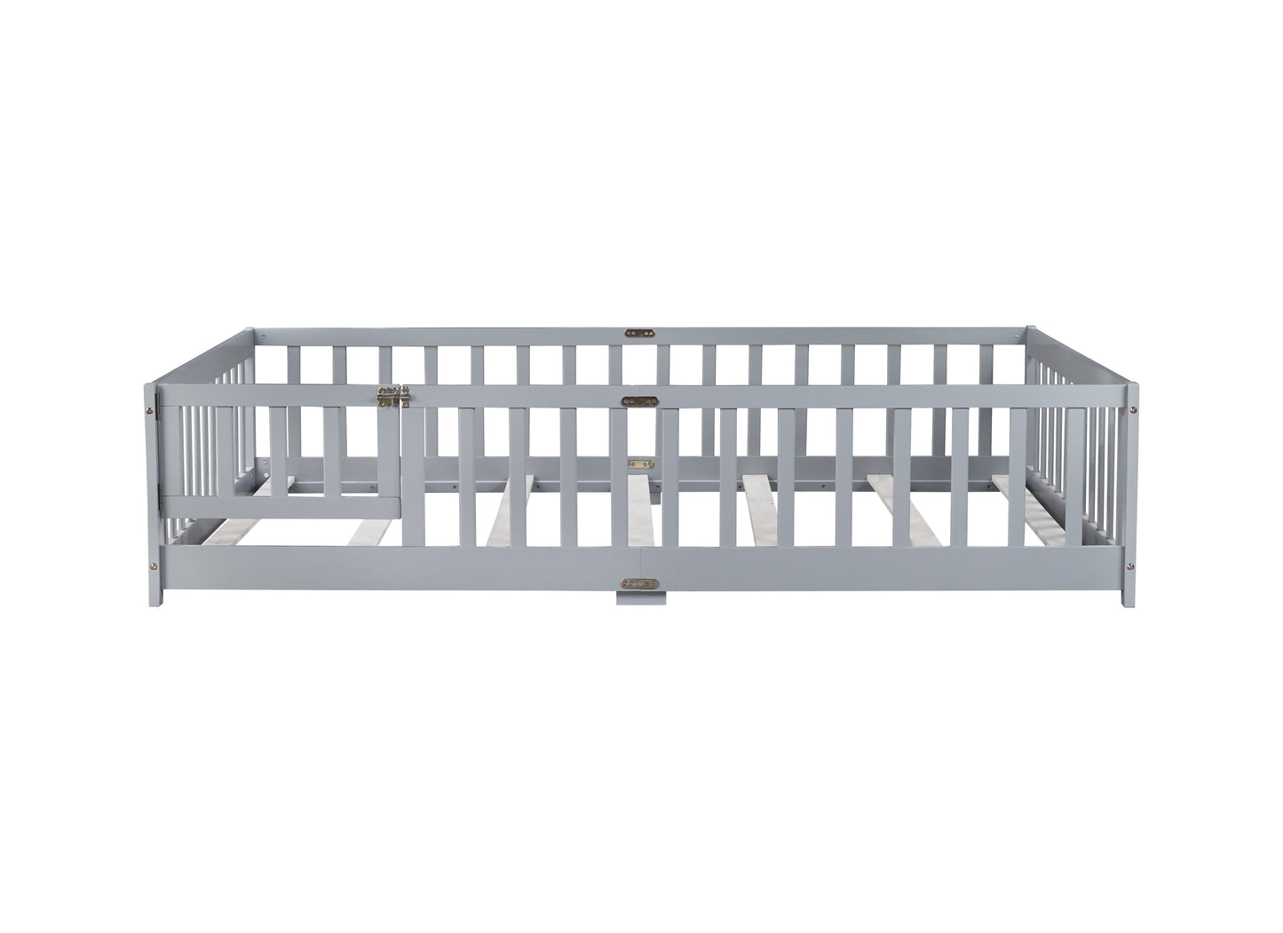Full Size Floor Bed with Fence and Door,Rubber Wood Floor Bed with Safety Guardrails,Grey image 4