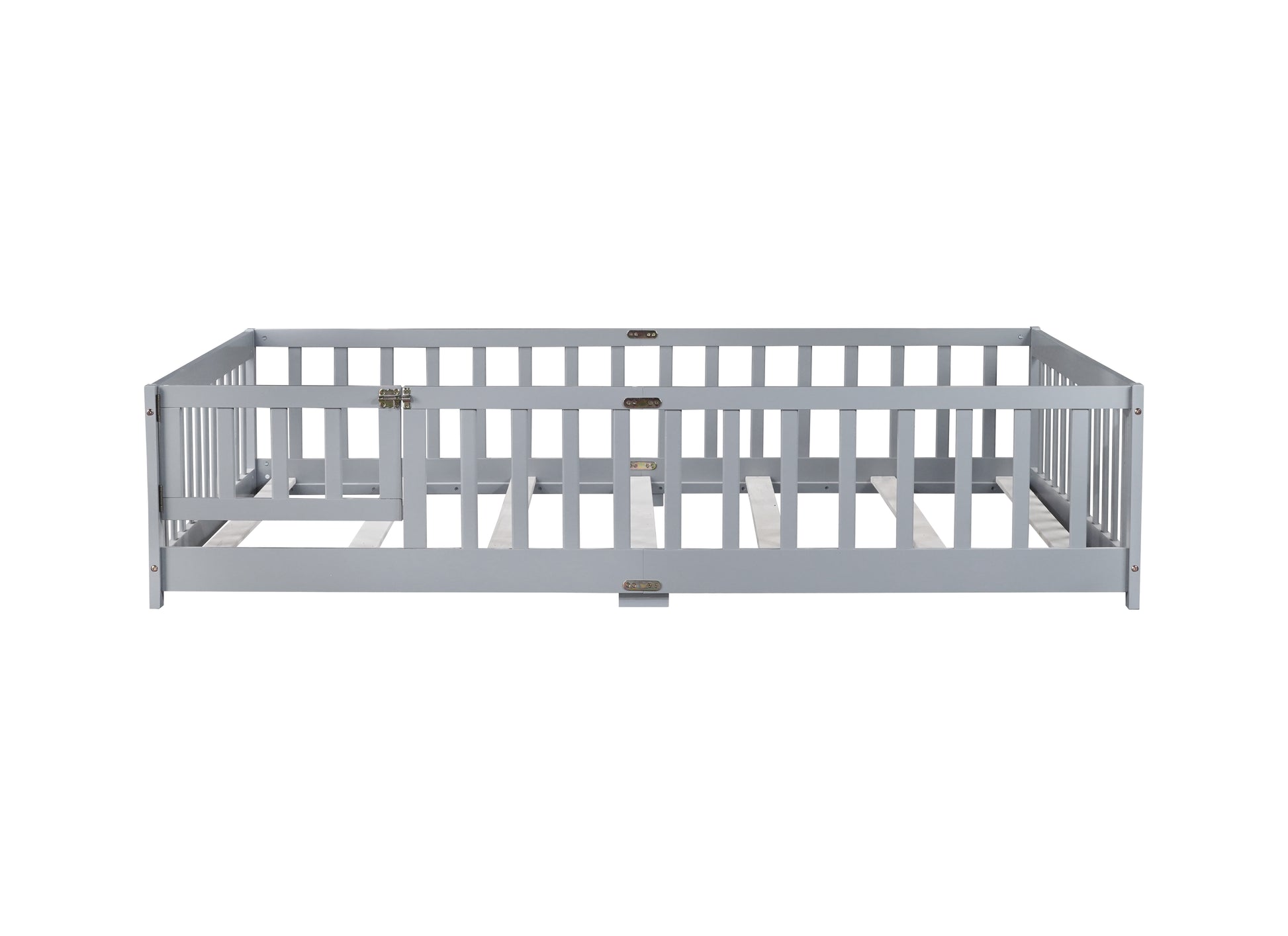 Full Size Floor Bed with Fence and Door,Rubber Wood Floor Bed with Safety Guardrails,Grey image 4