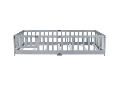 Full Size Floor Bed with Fence and Door,Rubber Wood Floor Bed with Safety Guardrails,Grey image 4
