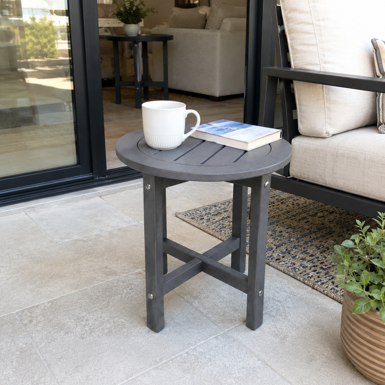Gray HDPE Round Outdoor Side Table, 18 in. Dia. x 17 in. H, Small All-Weather Patio End Table, 1 Piece image 3