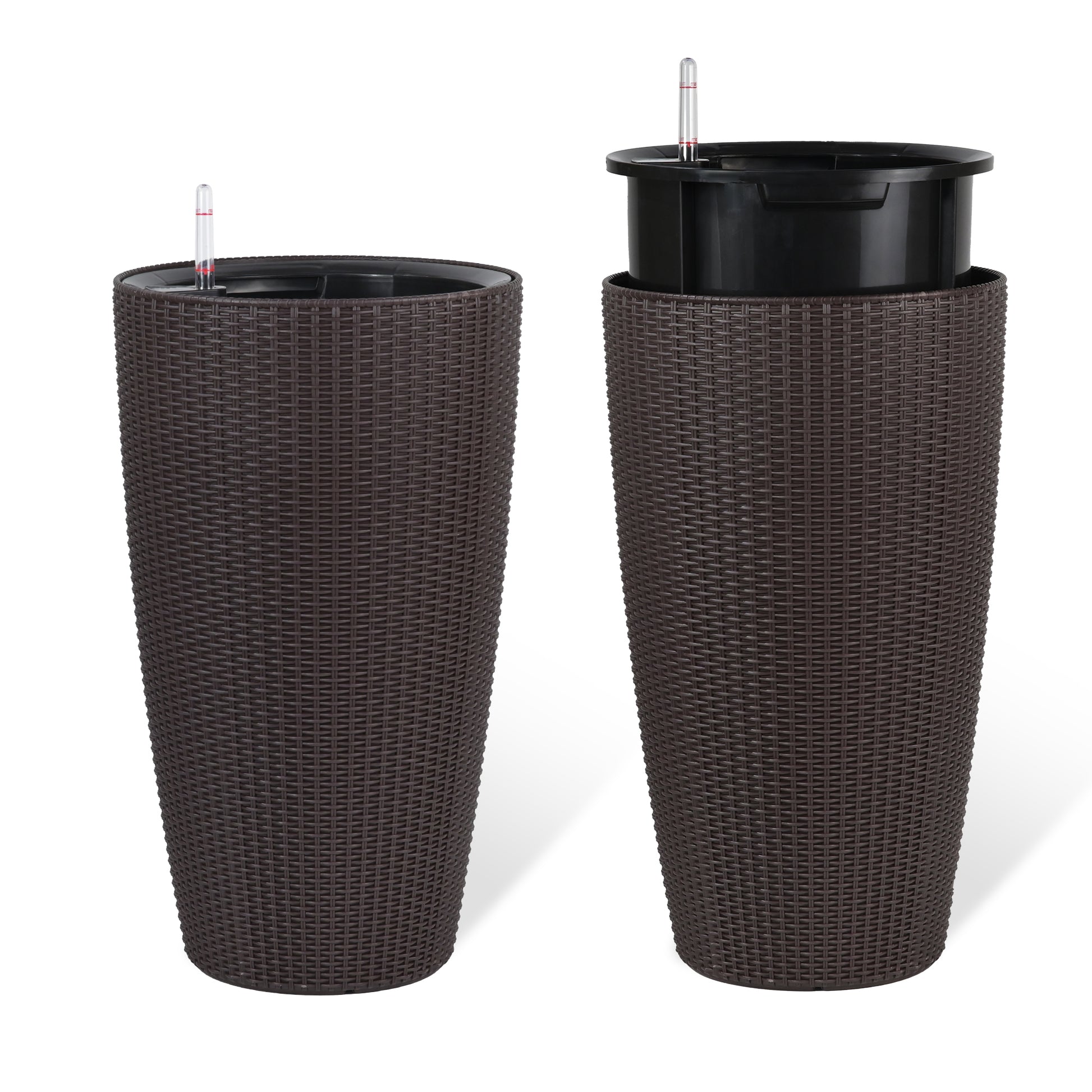Set of 2 Faux Rattan Tall Planters Outdoor Indoor Large Planters with Water Level Monitor Inner Bucket, Automatic Watering, Flower Plant Pots for Garden, Patio, Porch, Backyard (Brown, 22 inch) image 11
