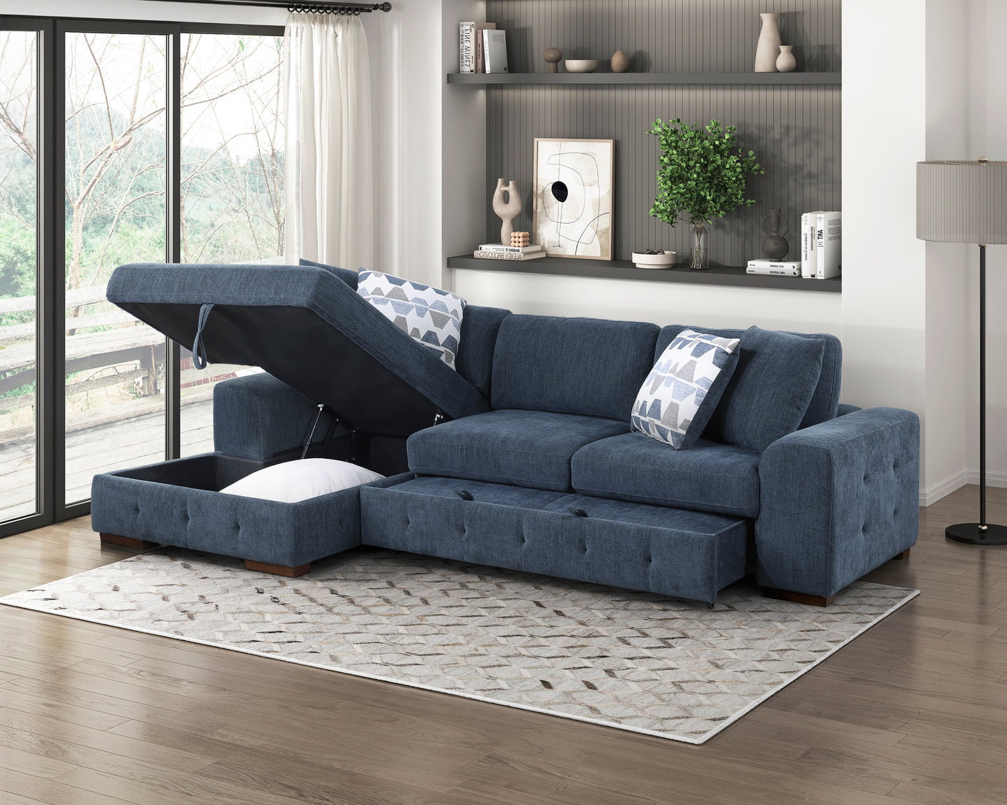 Modern Blue One Arm 2-Seater Sofa with Pull-out Bed Right Side Tufted Chenille Fabric Upholstery Solid Wood Living Room Furniture 1pc image 7
