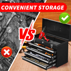 Metal Tool Box with 4 Drawers Portable Steel Tool Chest with Metal Cylinder Lock and Latch Closure, Liner, Powder coating, suitable for Garage, Warehouse and Outdoor Repair job-Black