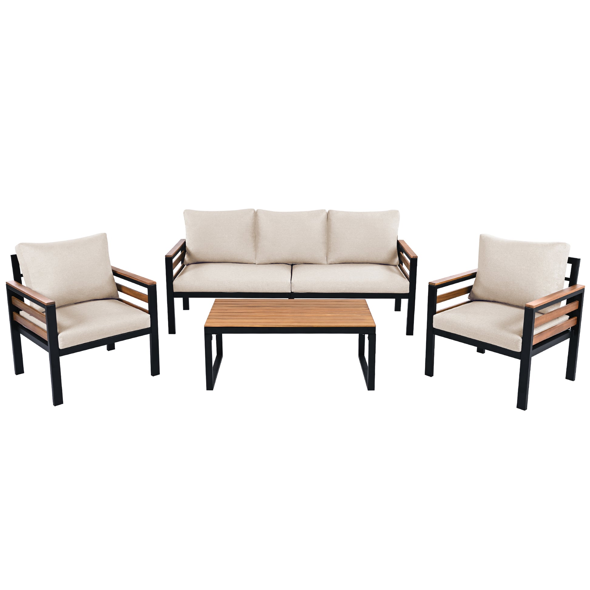 <Old SKU: N704G201246A> GO 4-Piece Outdoor Furniture Sofa Set for 5 People with Acacia Wood Armrests, Patio Conversation Set with Removable Cushion and Solid Wood Coffee Table for Garden,Beige image 9