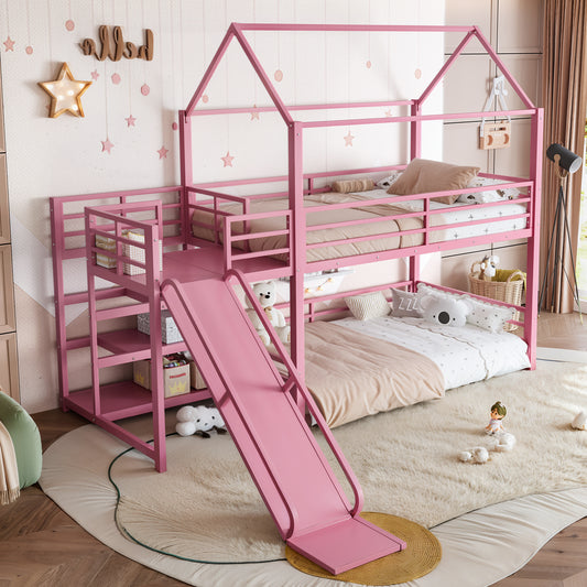 Twin metal house bunk bed with storage stairs and slide - front view