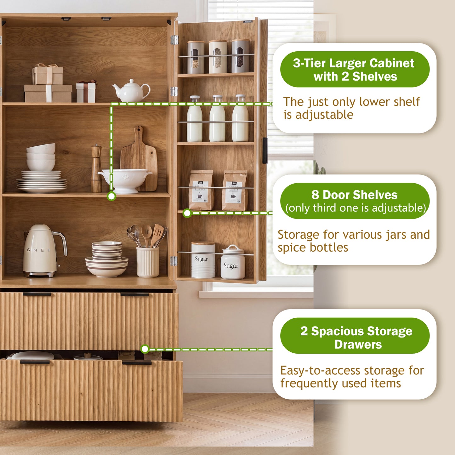 72" Modern Fluted Kitchen Pantry Cabinet with 2 Large Drawers & 8-Door Spice Rack, Freestanding Storage Organizer for Bathroom, Dining Room, Office, Entryway, Oak image 8