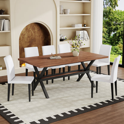 Table and chair set. 71 * 35.4 inch walnut MDF splicing desktop with X-shaped metal frame dining table.Includes 6 white PU dining chairs With Black Metal Legs.Making it an ideal choice for home. image 1
