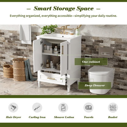 24" Modern Bathroom Vanity with Ornate Motif Design & Soft-Close Hinges, Bathroom Cabinet with Drawer and Back Open Structure, Ornately Carved French Cylinder Legs image 7