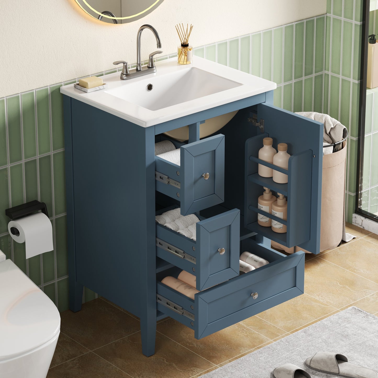 [Video] 24" Modern Blue Gray Bathroom Vanity with Ceramic Sink, Solid Wood Legs, Soft-Close Drawers & Door, Storage Rack, Painted Surface Finish image 1