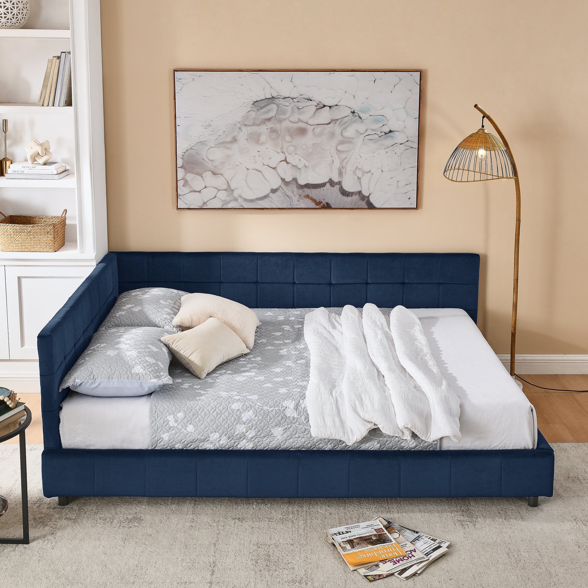Queen Size Upholstered Tufted Bed Frame, Sofa Bed Frame with Comfortable Backrest and Armrests, Queen Size Bed for Bedroom, Living Room,Velvet, DARK BLUE(85.5''*64.5''*30.5'') image 3