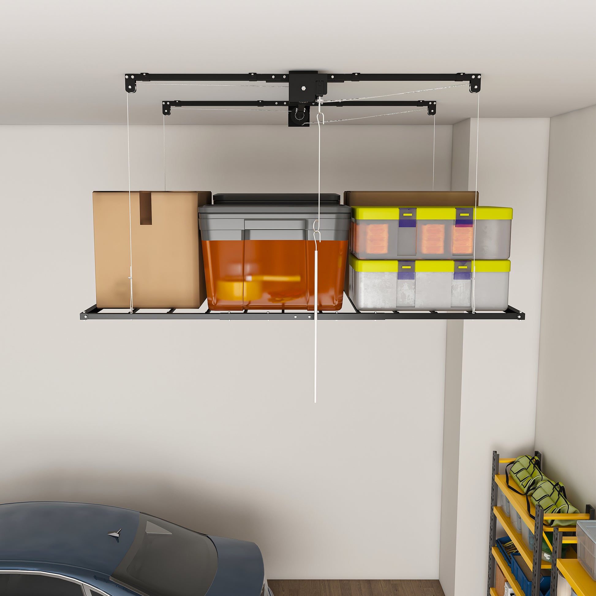 Black Overhead Garage Storage Rack 3x6 FT for High Ceilings 10-12 FT, 370LBS Capacity All-Steel Construction with Safety Lock (Installation Required, Heavy-Duty Garage Organizer) RR image 10