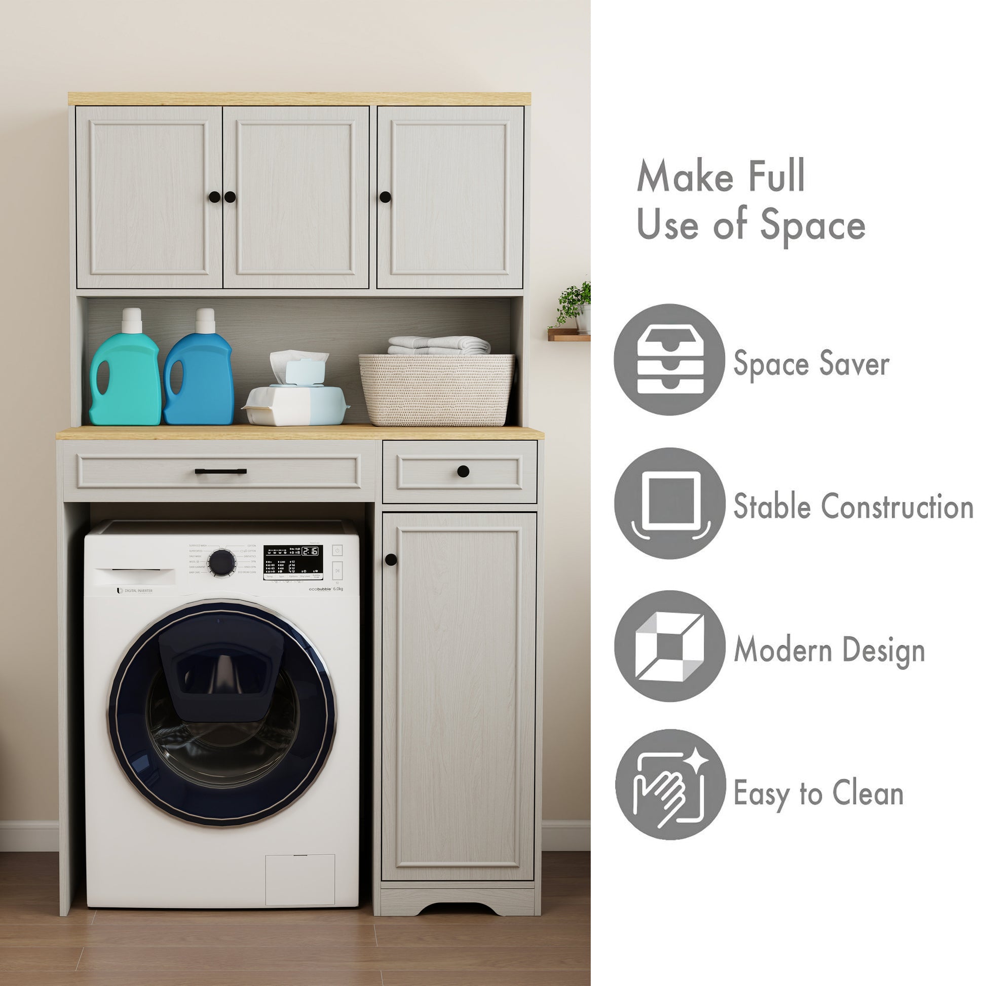 Over the Washer, Dryer and Robot Vacuum Storage Cabinet suitable for Compact Washing Machines, Laundry Room Storage Organizer with 1 Laundry Basket, 1 Drawer and 2 Adjustable Shelves-Antique White image 9