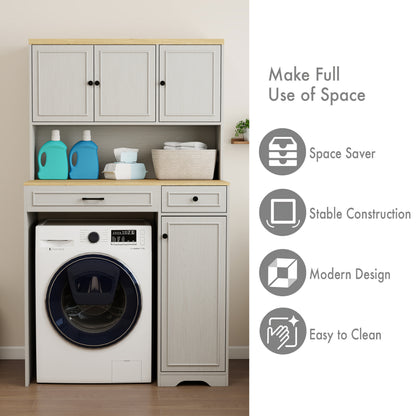 Over the Washer, Dryer and Robot Vacuum Storage Cabinet suitable for Compact Washing Machines, Laundry Room Storage Organizer with 1 Laundry Basket, 1 Drawer and 2 Adjustable Shelves-Antique White image 9