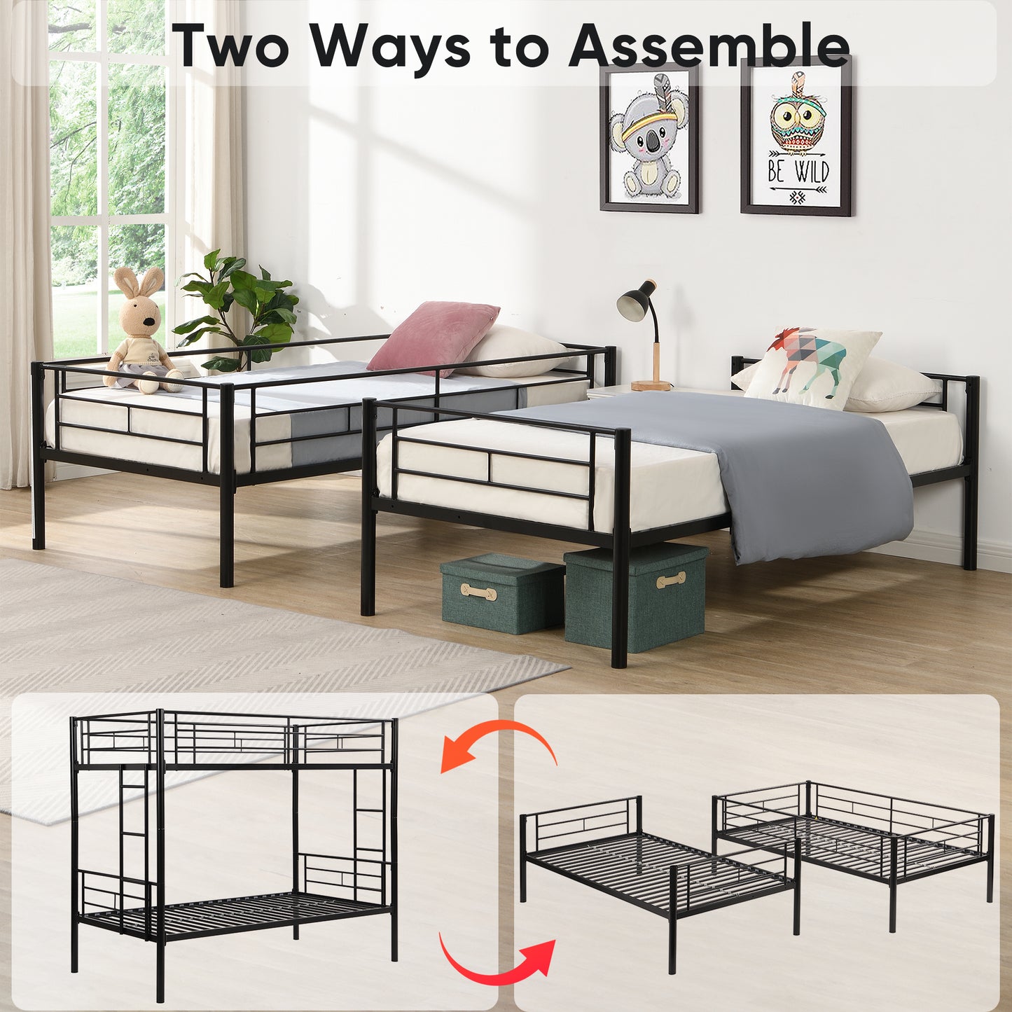 Twin Over Twin Metal Bunk Bed with trundle Black image 5