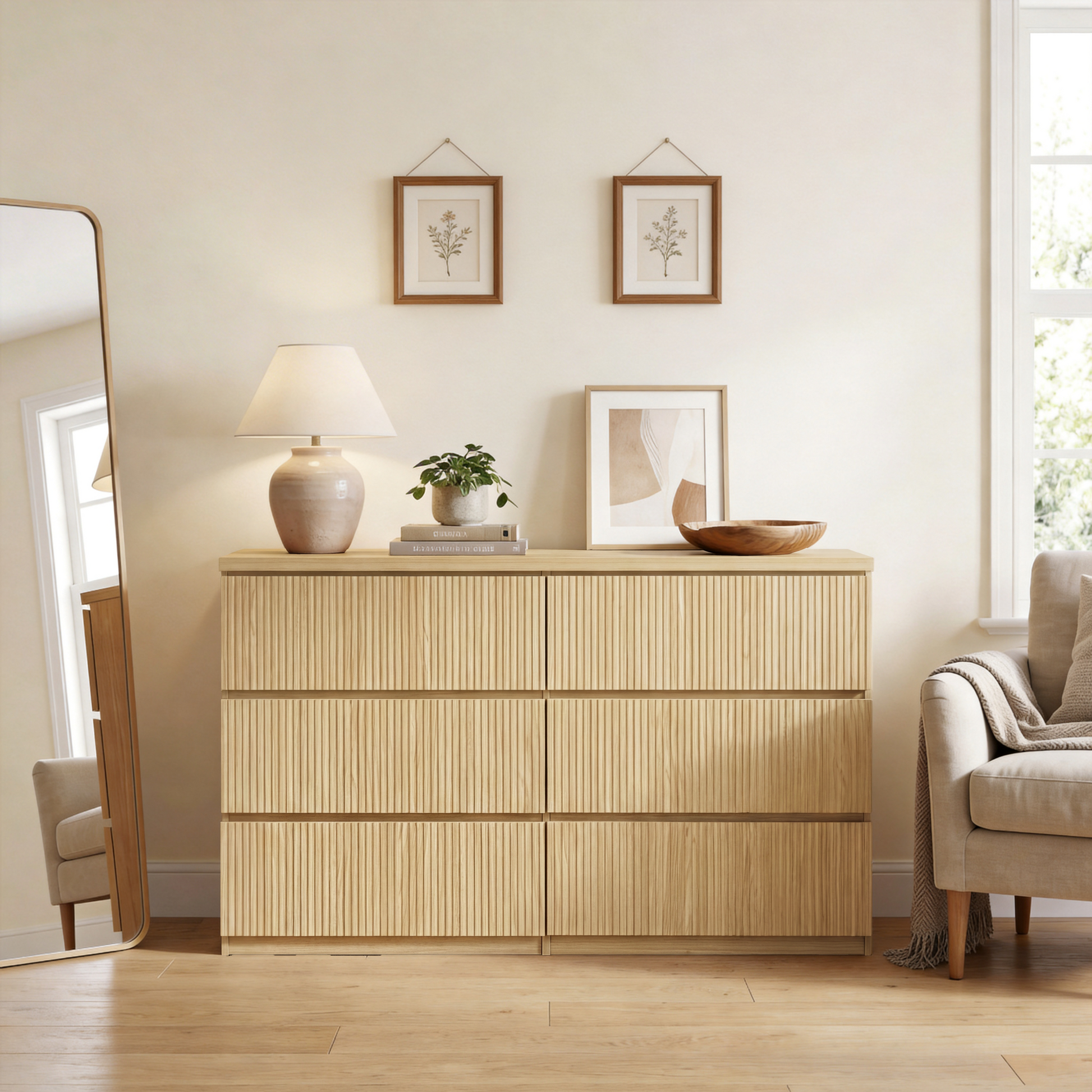 Modern Natural Wood 6 Drawer Dresser, Wave Panel Drawer Fronts, Storage Cabinet, Versatile Chest of Drawers for Bedroom, Living Room - Sleek & Spacious Home Storage Solution image 5